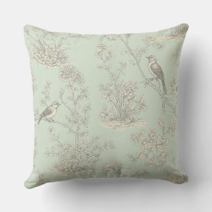 Elegantes Sage Bird Botanisches Toile-Muster Kissen