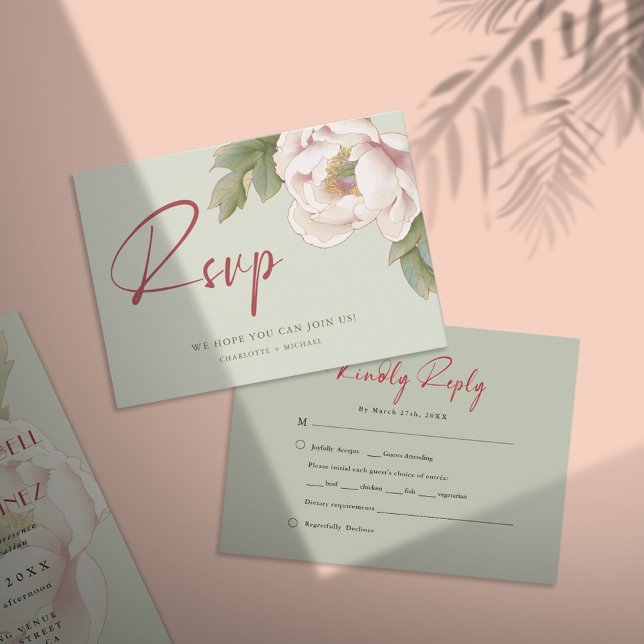 Elegantes Sage & Blush Peony Floral Wedding RSVP Einladung (Von Creator hochgeladen)