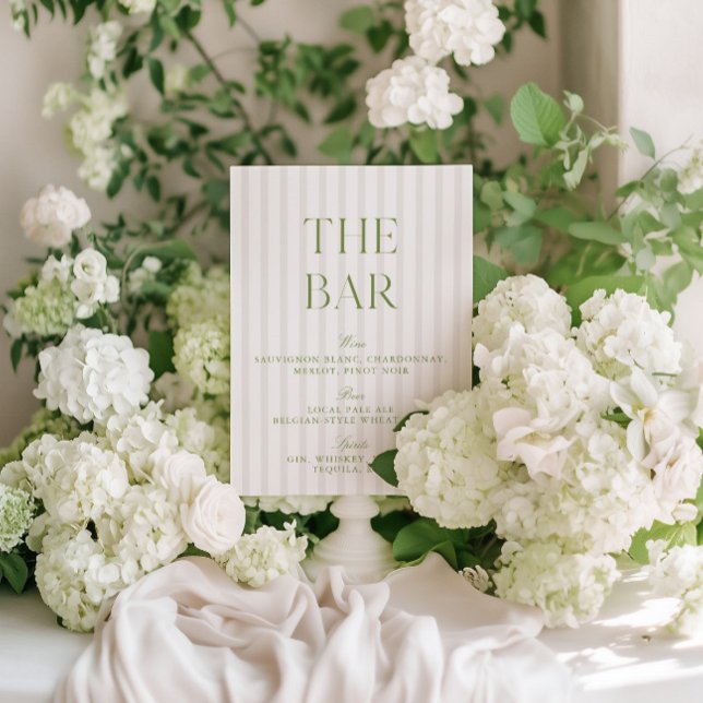 Elegantes Sage Green & Beige Wedding Bar Sign Einladung (Elegant Sage Green & Blue Striped Wedding Bar)