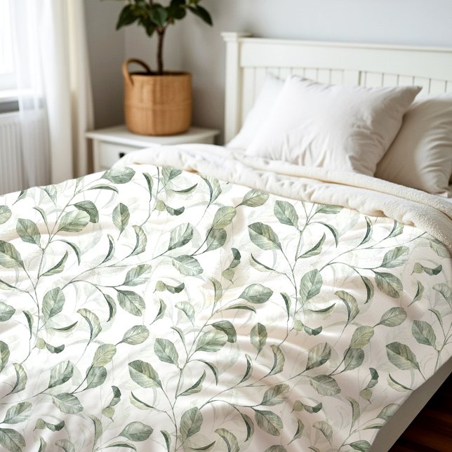 Elegantes Sage Green Blätter Wasserfarben Muster Fleecedecke (Elegant Sage Green Leave Watercolor Pattern Fleece Blanket)