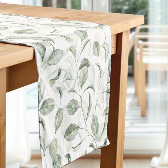 Elegantes Sage Green Blätter Wasserfarben Muster Kurzer Tischläufer (Elegant Sage Green Leaves Watercolor Pattern Short Table Runner)