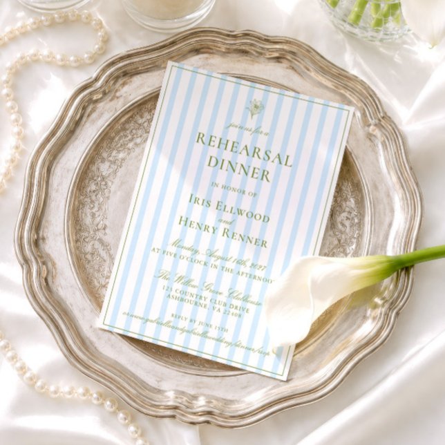 Elegantes Sage Green & Blue Probe Dinner Einladung (Elegant Sage Green & Blue Rehearsal Dinner Invitation)