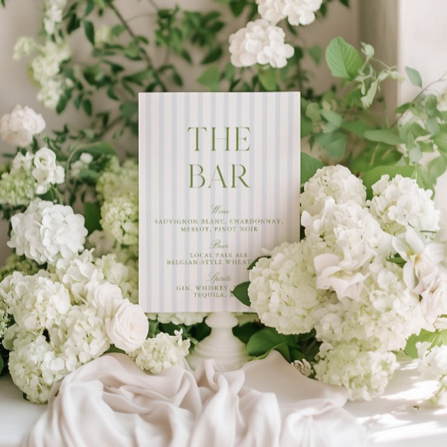 Elegantes Sage Green & Blue Striped Wedding Bar Si Einladung (Elegant Sage Green & Blue Striped Wedding Bar Sign)