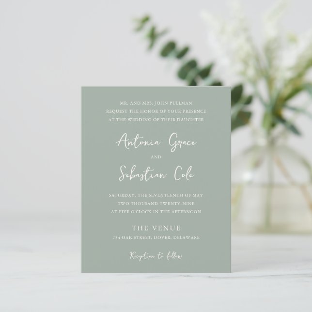 Elegantes Sage Green Budget Einladung zur Hochzeit (Stehend Vorderseite)