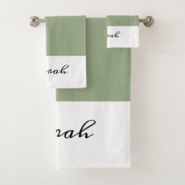 Elegantes Sage Green Calligraphy Name Bath Handtuc Badhandtuch Set