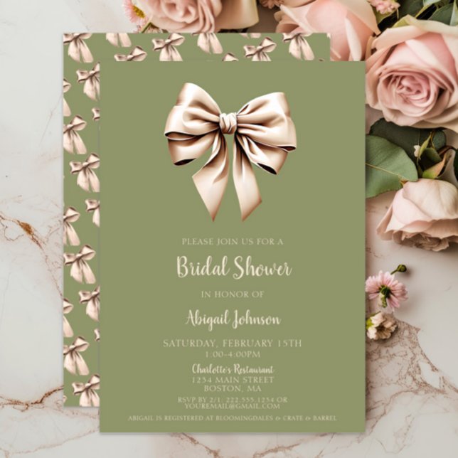 Elegantes Sage Green Coquette Bow Brautparty Einladung (Elegant Sage Green Coquette Bow Bridal Shower Invitations, Wedding Shower, Modern, Beige Bows, Chic)