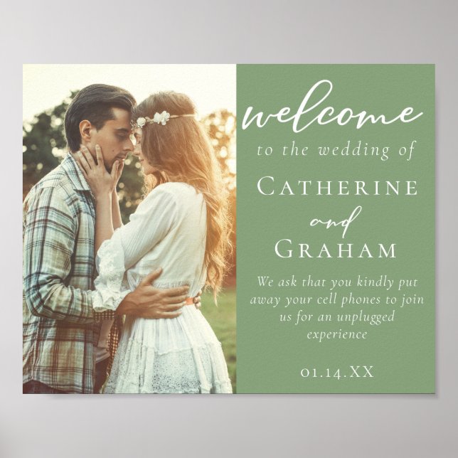 Elegantes Sage Green Couple Foto Hochzeit Willkomm Poster (Vorne)
