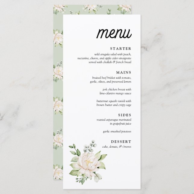 Elegantes Sage Green Floral Peony Dinner Menu Menükarte (Vorne/Hinten)