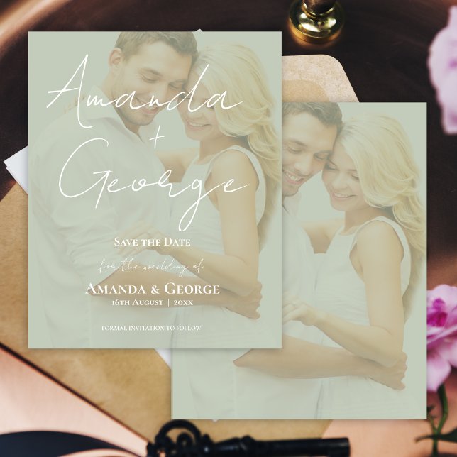 Elegantes Sage Green Imitats Vellum Foto Save the  (Elegant Sage Green Faux Vellum Photo Save the Date)