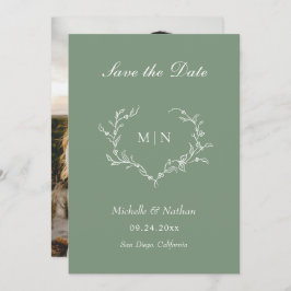 Elegantes Sage Green Monogram Save the Date Foto Einladung