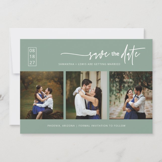 Elegantes Sage Green Save the Date QR Code Foto Einladung (Vorderseite)