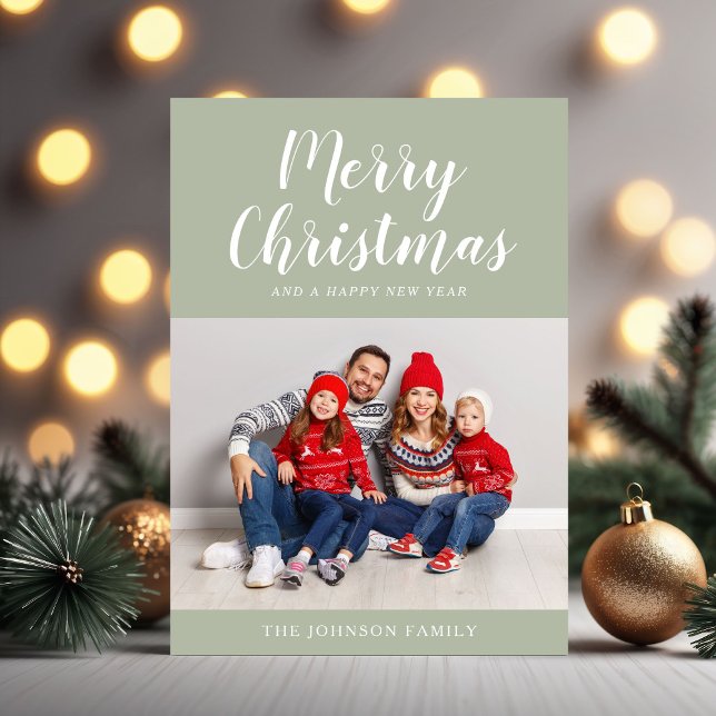 Elegantes Sage Green Script Foto Weihnachten (Elegant Sage Green Script Photo Christmas Holiday Card)