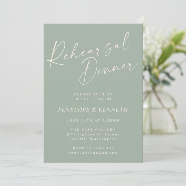 Elegantes Sage Green Script Probe Dinner Einladung (Stehend Vorderseite)