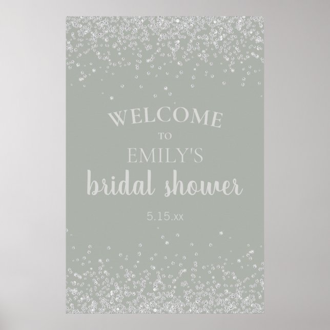 Elegantes Sage Green Silver Confetti Brautparty Poster (Vorne)