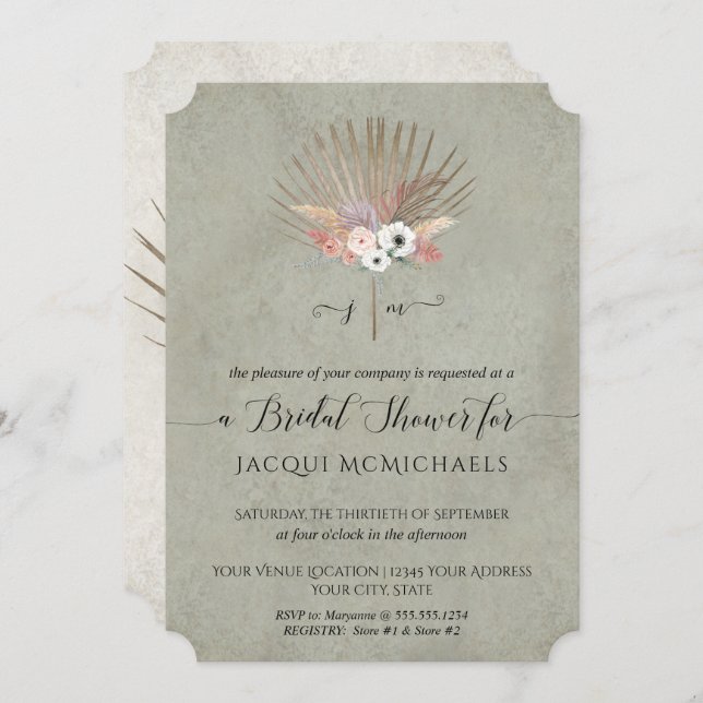 Elegantes Sage Green Tropical Floral Brautparty Einladung (Vorne/Hinten)