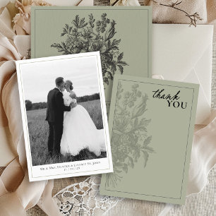 Elegantes Sage Green Vintag Floral Foto Hochzeit Dankeskarte