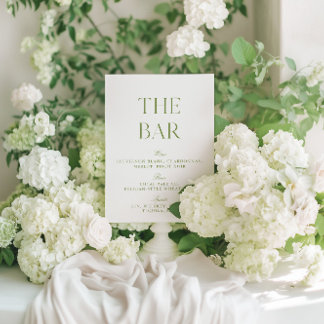 Elegantes Sage Green & White Wedding Bar Sign Einladung