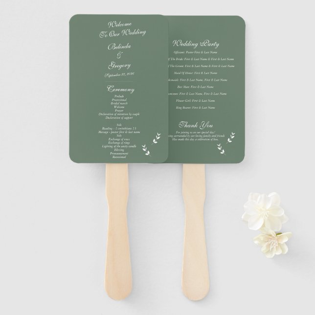 Elegantes Sage Olive Green Script Hochzeitsprogram Fächer (Vorne und Hinten)