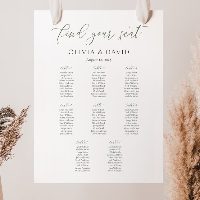 Elegantes Sage Script Color 8 Tabelle Seating Char Poster (Von Creator hochgeladen)