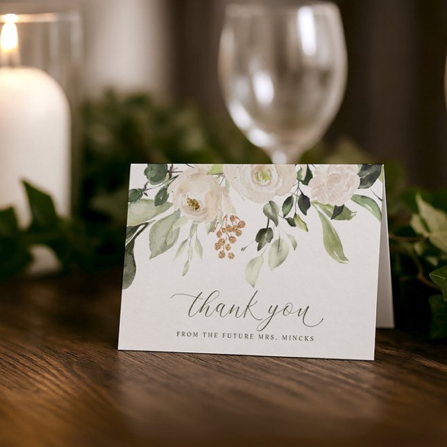 Elegantes Sage White Blume Brautparty Hochzeit Dankeskarte (Elegant script bridal shower thank you cards with watercolor greenery and white florals)