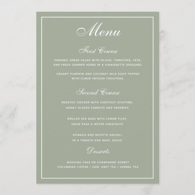 Elegantes Sage White Script Wedding Menu Menükarte (Vorderseite)