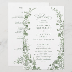 Elegantes Sagen-Grün Vintage-Blumen-Hochzeitsprogr