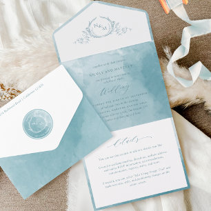 Elegantes Salbei Meer Glas Wasserfarbe Monogramm H All In One Einladung