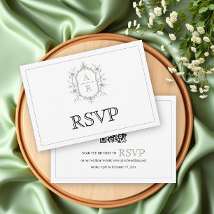 Elegantes Salbei Wappen Monogramm QR Code Hochzeit RSVP Karte