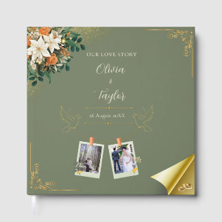 Elegantes Salbeigrün Floral Gold Gästebuch