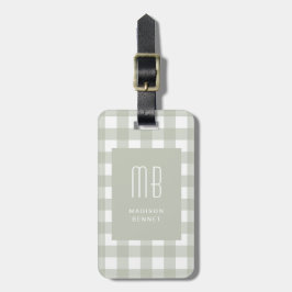 Elegantes Salbeigrün Gingham Monogramm Gepäckanhänger