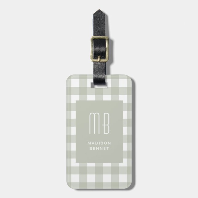 Elegantes Salbeigrün Gingham Monogramm Gepäckanhänger (Vorderseite vertikal)