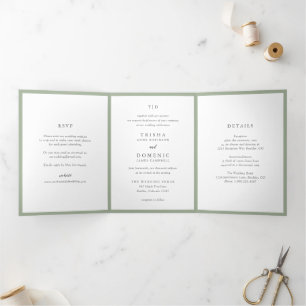 Elegantes Salbeigrün Monogramm Moderne Hochzeit Dreifach Gefaltete Einladung