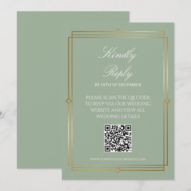 Elegantes Salbeigrün QR-Code-RSVP  Einladung (Vorne/Hinten)