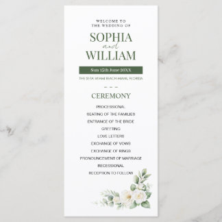 Elegantes Salbeigrün Weißes Rosen Blumen Hochzeits Programm