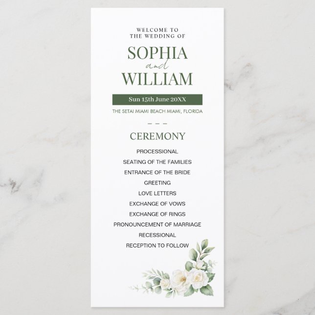 Elegantes Salbeigrün Weißes Rosen Blumen Hochzeits Programm (Vorderseite)