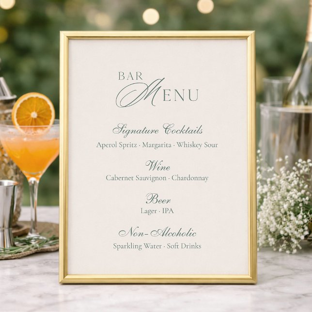 Elegantes Salbeigrünes Bar-Menü Hochzeitsschild (Von Creator hochgeladen)