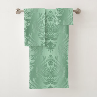 Elegantes Salbeigrünes Blumen-Damaskus-Druckmuster Badhandtuch Set