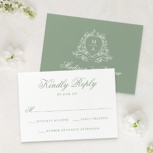 Elegantes Salbeigrünes Blumenwappen Monogramm Hoch RSVP Karte