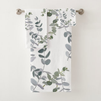Elegantes Salbeigrünes Eukalyptus-Blattmuster Badhandtuch Set