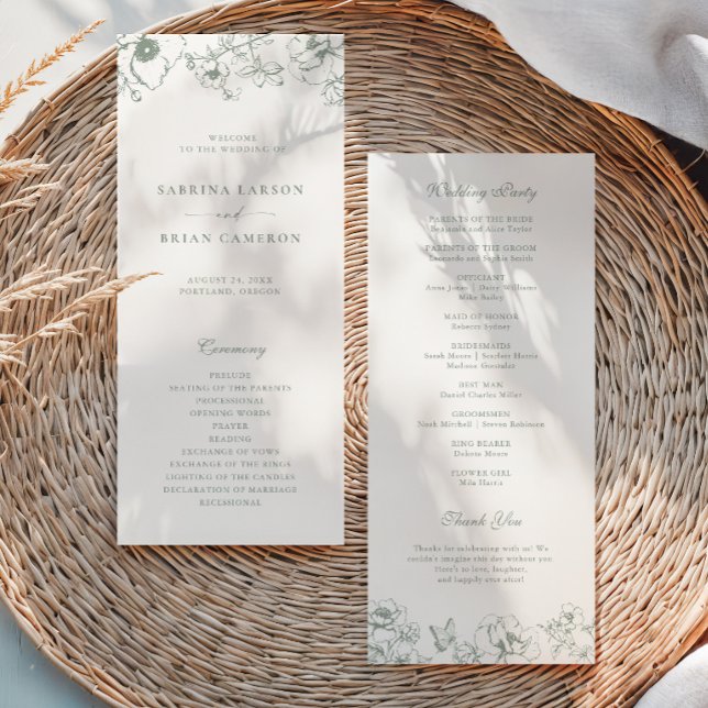 Elegantes, salbeigrünes, florales Hochzeitsprogram Programm (Von Creator hochgeladen)