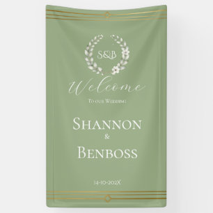 Elegantes Salbeigrünes Florales Monogramm Hochzeit Banner