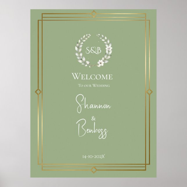 Elegantes Salbeigrünes Monogramm-Hochzeitswillkomm Poster (Vorne)