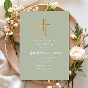 Elegantes Salbeigrünes religiöses Kreuz Taufkleid Einladung