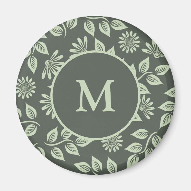 Elegantes Salbeigrünes Vintage-Blumenmonogramm Magnet (Vorne)