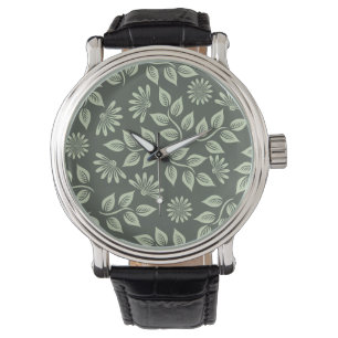 Elegantes Salbeigrünes Vintage-Blumenmuster Armbanduhr