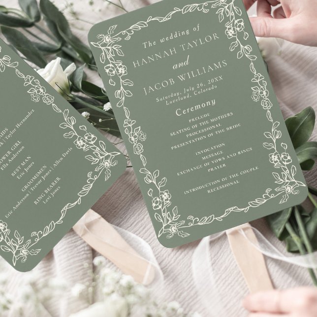 Elegantes Salbeigrünes Vintage-Hochzeitsprogramm Fächer (Von Creator hochgeladen)