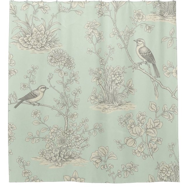 Elegantes Salbeivogel-Botanical-Toile-Muster Duschvorhang (Vorderseite)