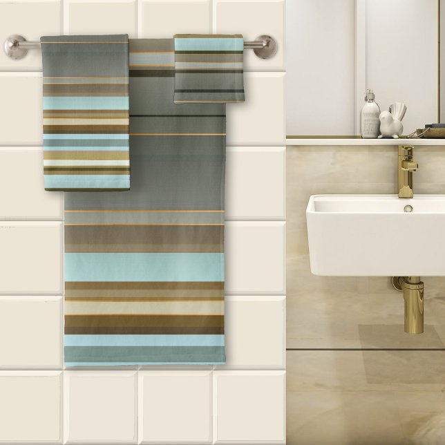 Elegantes Sandy Beach Rose Gold gestreiftes Muster Badhandtuch Set (A beautiful striped bathroom towel set in a variety of beach colors with tiny rose gold lines)