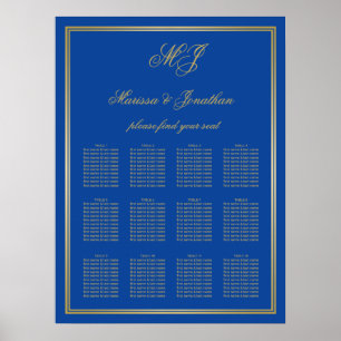 Elegantes Saphir Blue Gold Monogram Frame Seating Poster