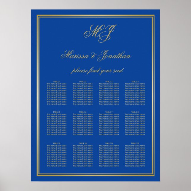 Elegantes Saphir Blue Gold Monogram Frame Seating Poster (Vorne)